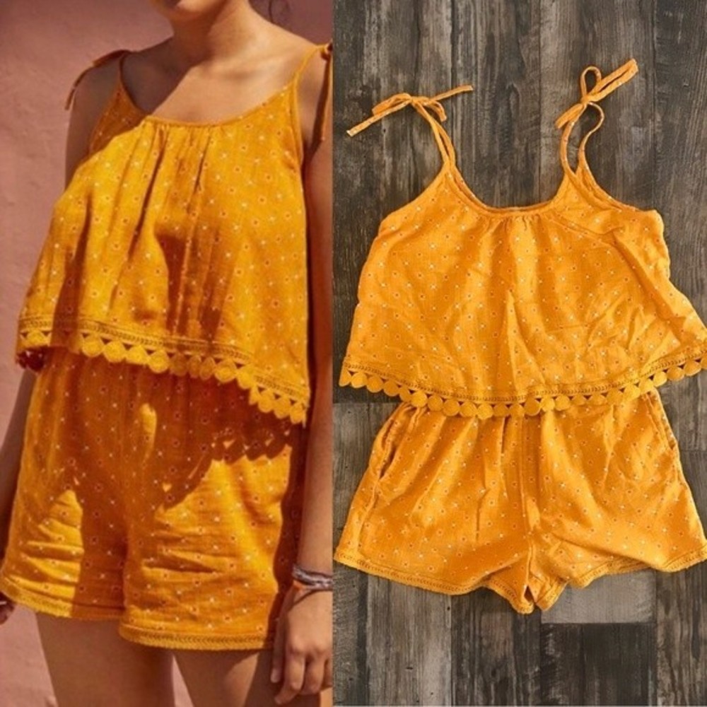 Aerie Golden Yellow Floral Embroidered Tie Strap Romper - Small